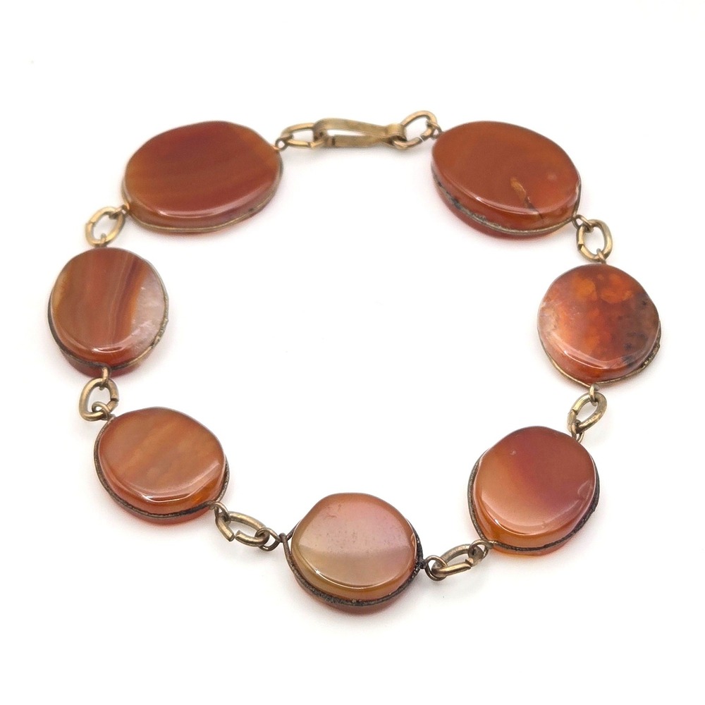 Vintage 1970s Carnelian Beaded Bracelet Oval Gemstone‎ Brass Chain Clasp